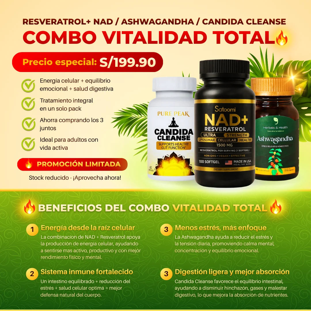 RESVERATROL + NAD+ | ASHWAGANDHA | CANDIDA CLEANSE Protocolo Integral de Vitalidad y Equilibrio